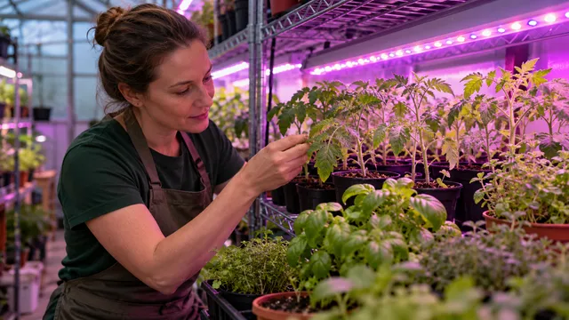 Horticultoare care verifică răsaduri de roșii și ierburi aromatice sub lămpi LED de creștere cu lumină roz-violet