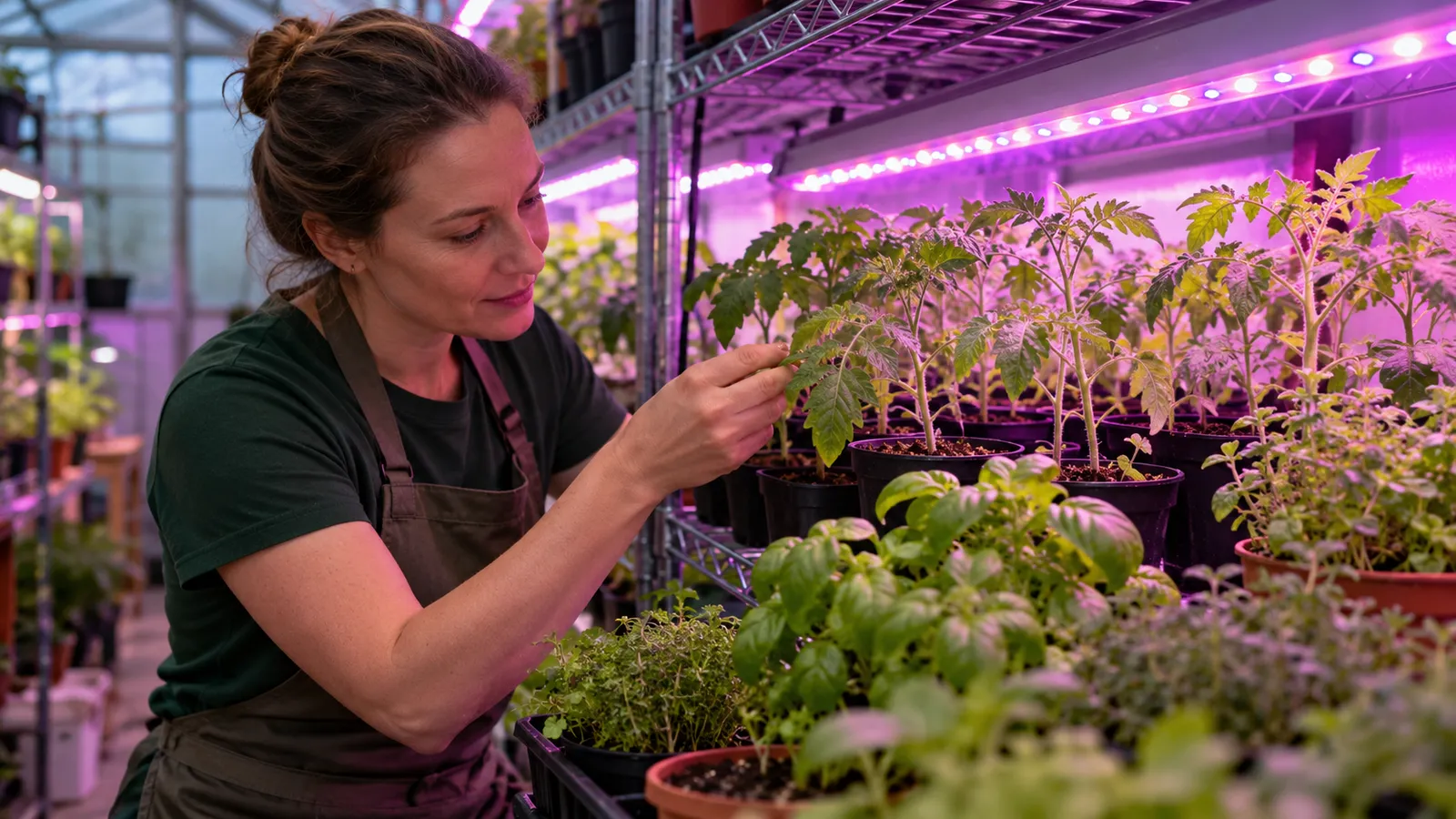 Horticultoare care verifică răsaduri de roșii și ierburi aromatice sub lămpi LED de creștere cu lumină roz-violet