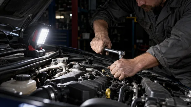Mecanic auto care lucrează cu o cheie sub capota unei mașini, luminat de o lampă de lucru LED pe acumulator