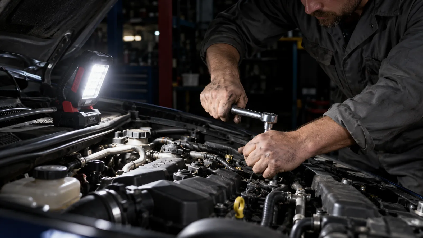 Mecanic auto care lucrează cu o cheie sub capota unei mașini, luminat de o lampă de lucru LED pe acumulator