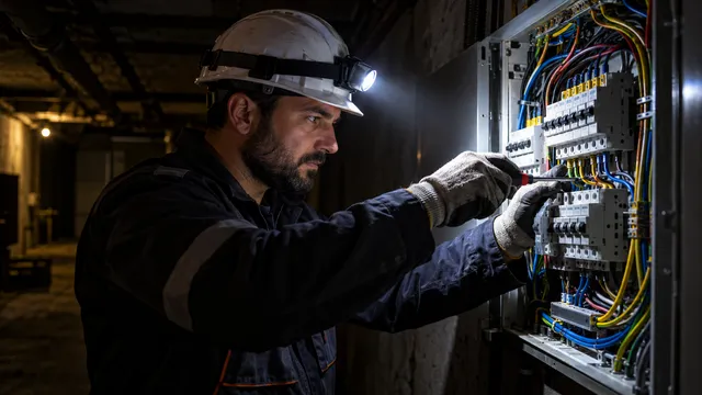 Electrician cu lanternă frontală prinsă pe cască, care lucrează la un tablou electric deschis într-un subsol întunecat