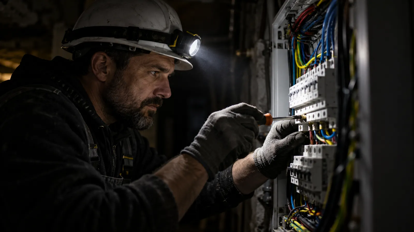 Electrician cu cască și lanternă frontală aprinsă care lucrează cu șurubelnița la un tablou electric deschis, într-un subsol întunecat