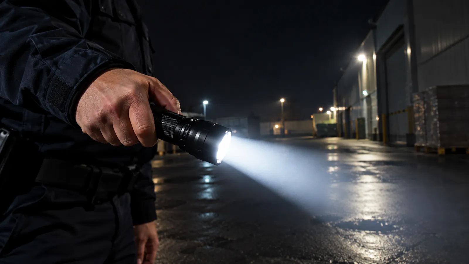 Agent de pază care luminează noaptea curtea unei hale industriale cu o lanternă tactică din aluminiu