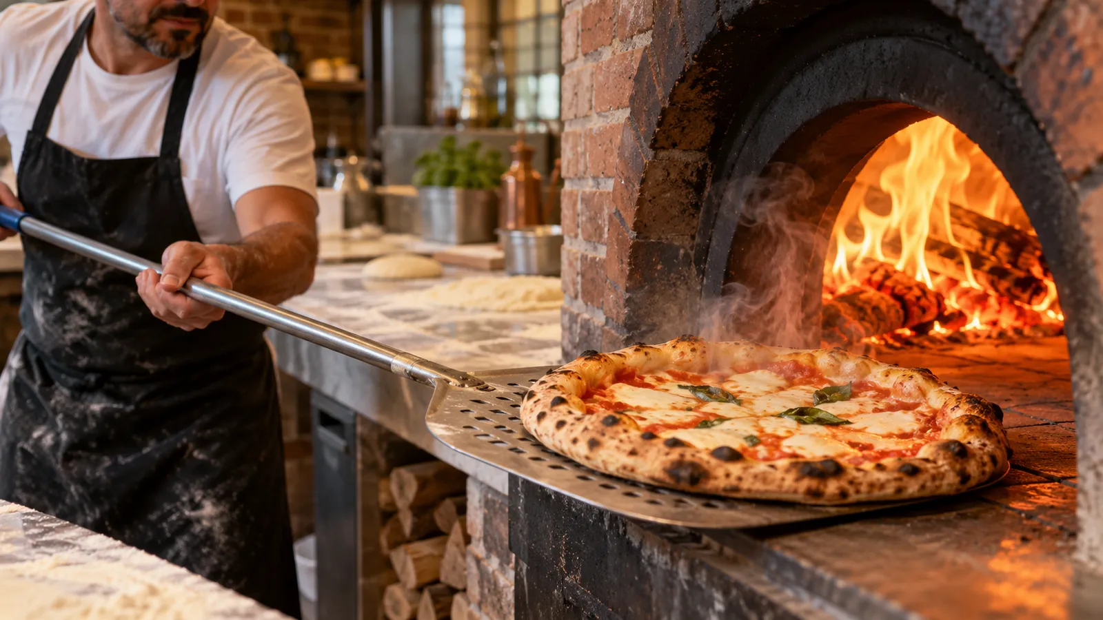Pizzar care scoate o pizza napoletană din cuptorul pe lemne cu o lopată perforată de aluminiu cu mâner lung