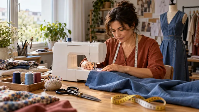 Croitoreasă care coase un material albastru la o mașină de cusut electromecanică albă, într-un atelier mic