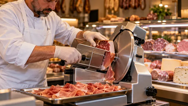 Măcelar în șorț alb și mănuși care taie felii subțiri de jambon cu o mașină de feliat cu disc de inox, într-un magazin cu vitrină de mezeluri