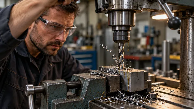 Lăcătuș care găurește o piesă de metal prinsă în menghină, la o mașină de găurit cu coloană, într-un atelier