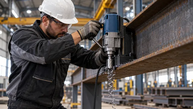 Un muncitor dă o gaură într-o grindă metalică cu o mașină de găurit cu talpă magnetică prinsă pe talpa grinzii