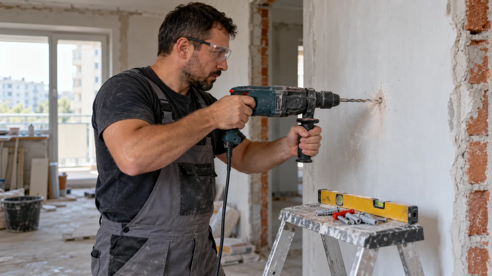 Electrician care dă o gaură într-un perete de cărămidă cu o mașină de găurit cu percuție, ținând-o cu ambele mâini