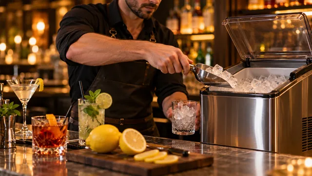 Barman care scoate cuburi de gheață cu o lingură dintr-o mașină de gheață de blat, pe tejgheaua unui bar