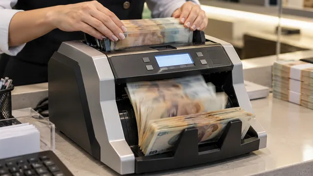 O casieră pune un teanc de bancnote într-o mașină de numărat bani pe tejgheaua unui magazin
