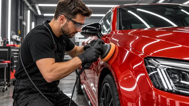 Specialist în detailing auto care lustruiește aripa unei mașini roșii cu o mașină de polish orbitală