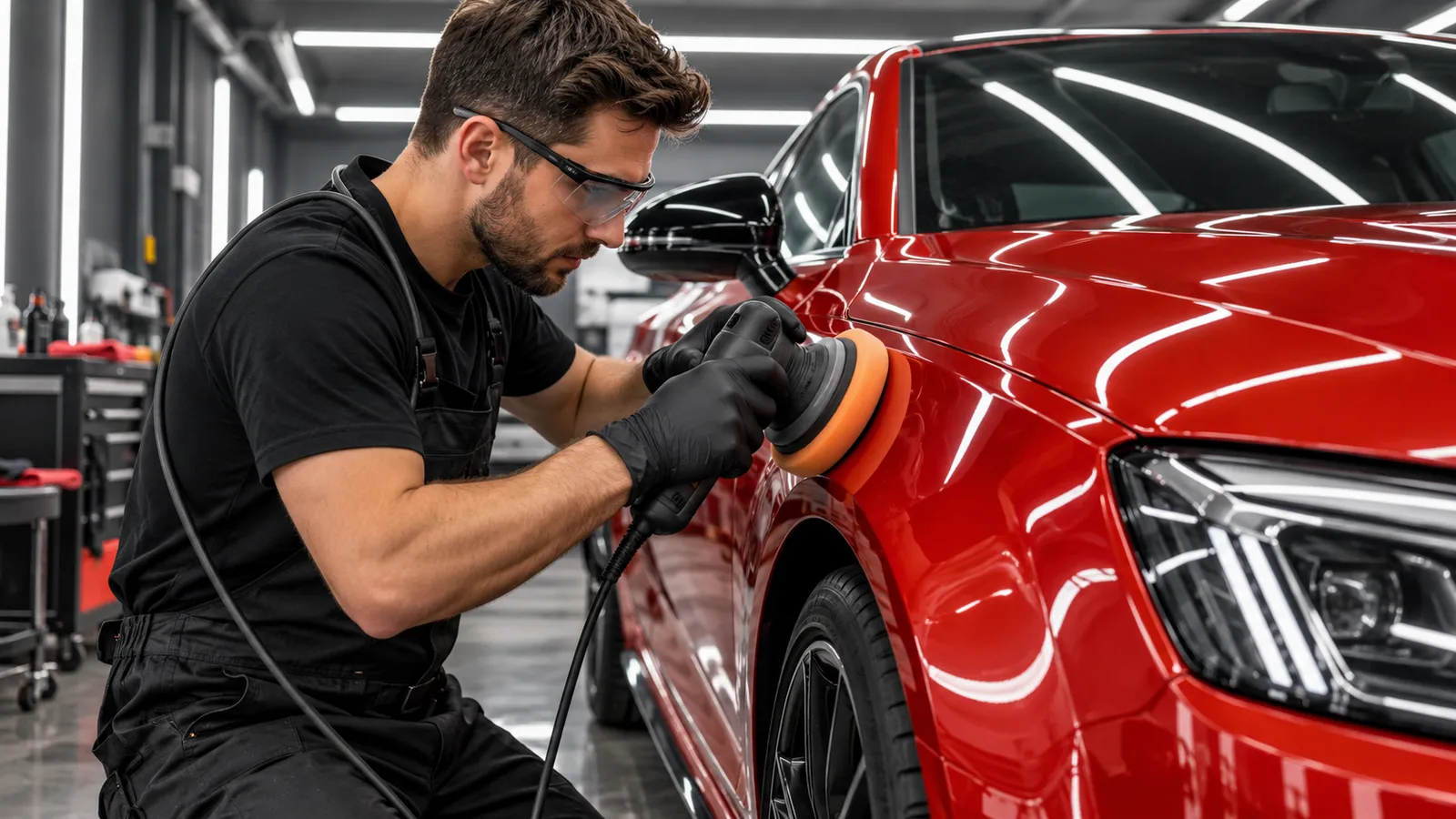 Specialist în detailing auto care lustruiește aripa unei mașini roșii cu o mașină de polish orbitală