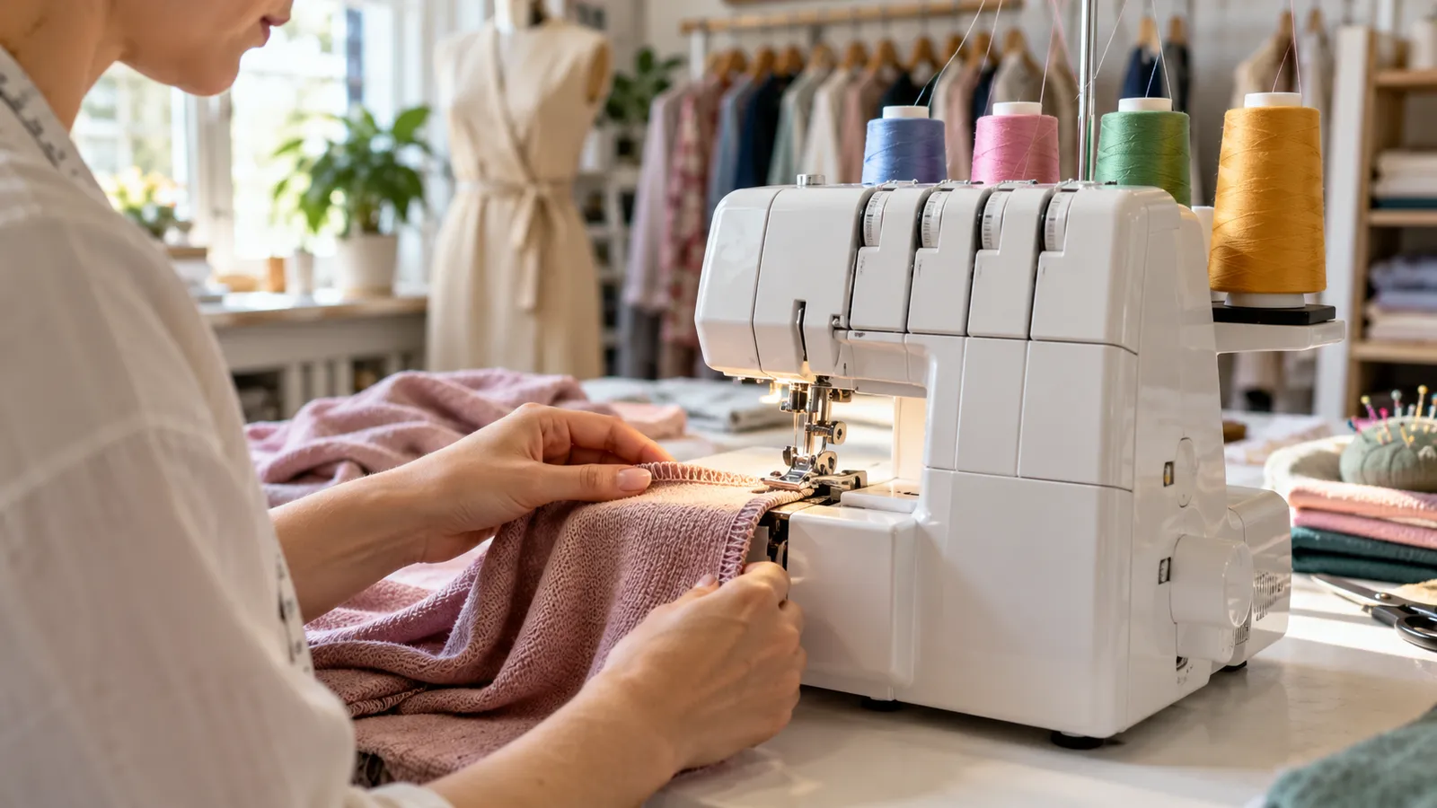 Croitoreasă care surfilează marginea unui material tricotat la o mașină de surfilat cu patru fire colorate, într-un atelier de croitorie