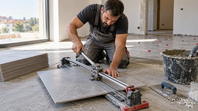 Faianțar care taie o placă mare de gresie cu o mașină manuală cu șină metalică, pe o pardoseală în renovare