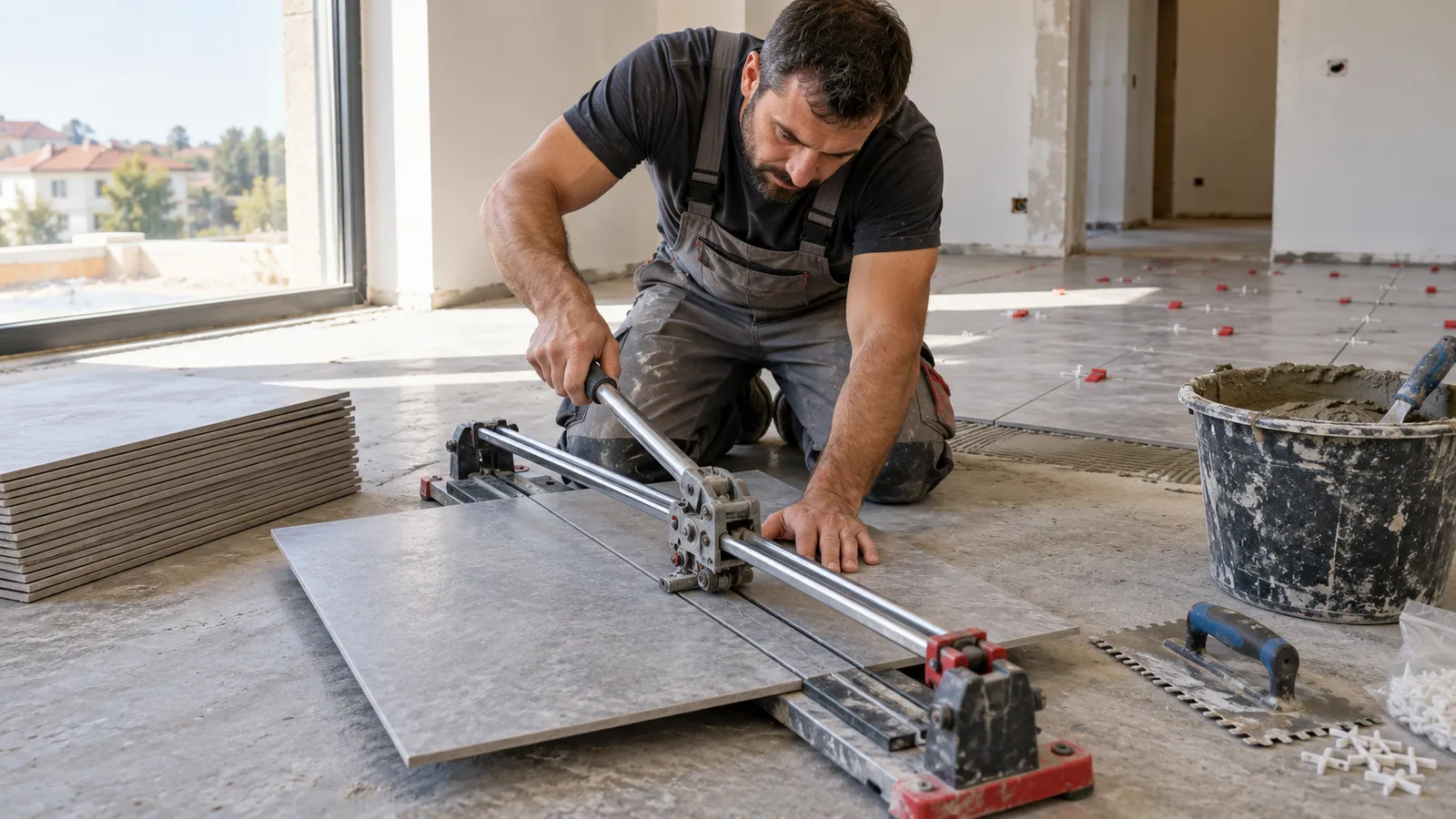 Faianțar care taie o placă mare de gresie cu o mașină manuală cu șină metalică, pe o pardoseală în renovare