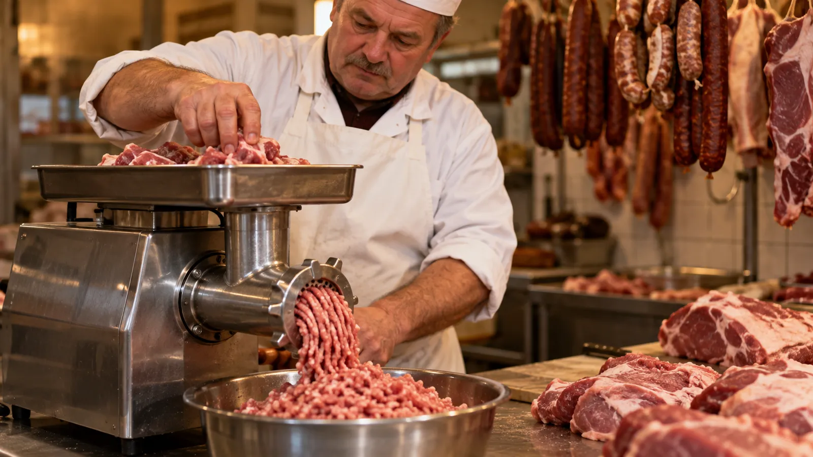Măcelar cu șorț alb care toacă carne cu o mașină de tocat electrică din inox într-o carmangerie mică