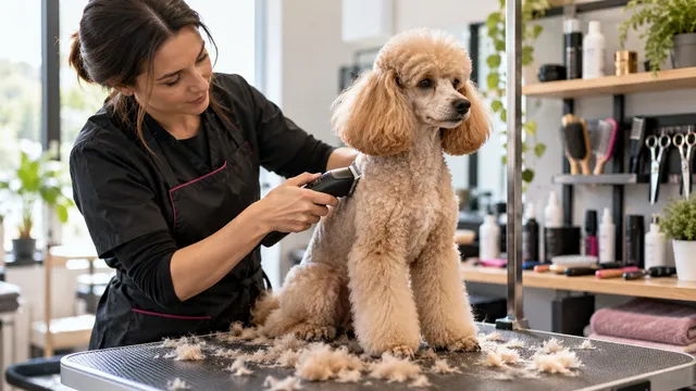 Groomeriță care tunde cu o mașină de tuns fără fir blana unui pudel așezat pe o masă de toaletare, într-un salon luminos