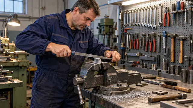 Lăcătuș mecanic care pilește o piesă metalică prinsă într-o menghină de banc rotativă, prinsă pe un banc de lucru