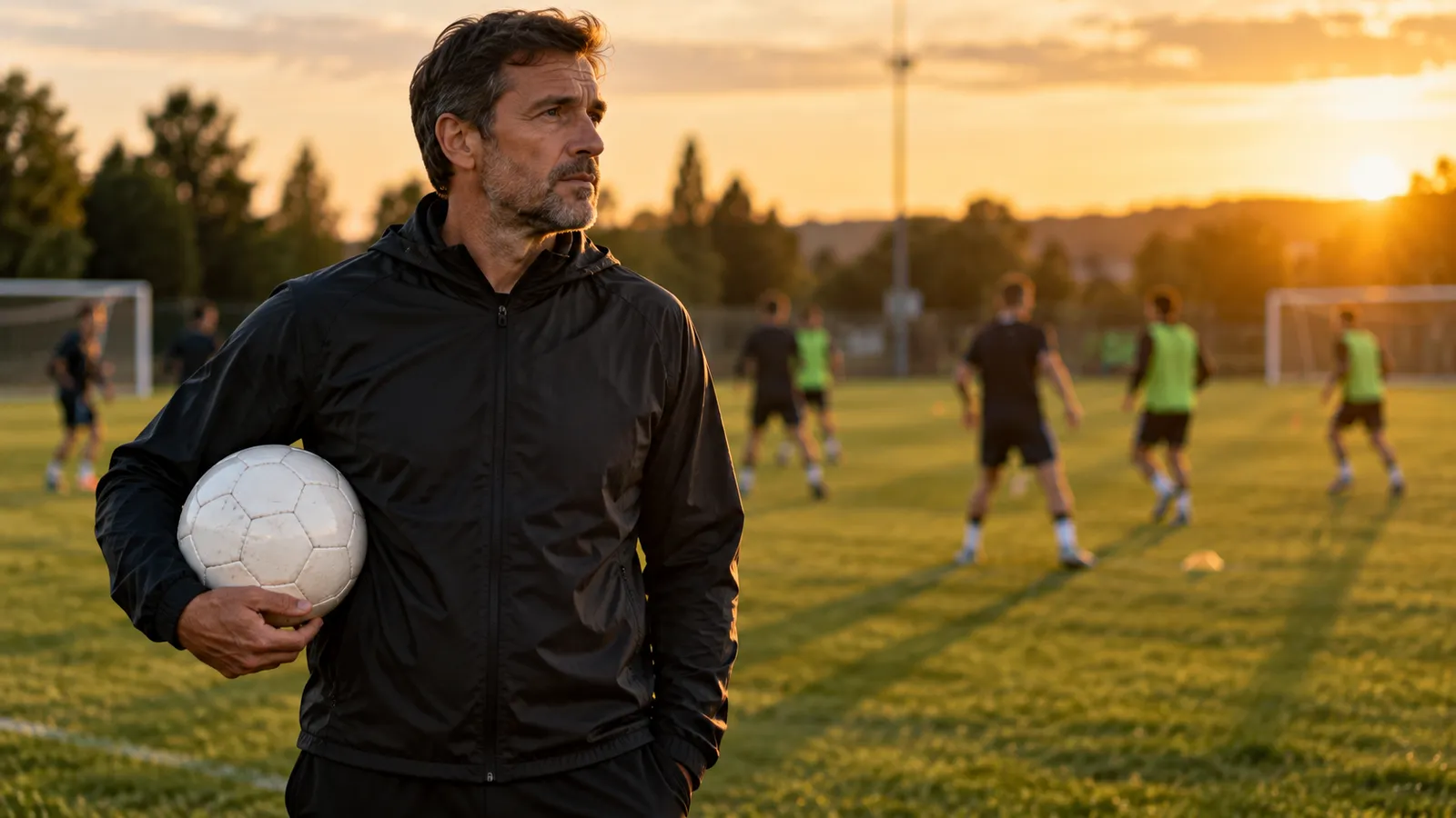 Antrenor de fotbal care ține sub braț o minge albă pe un teren de iarbă naturală, cu jucători la antrenament în fundal