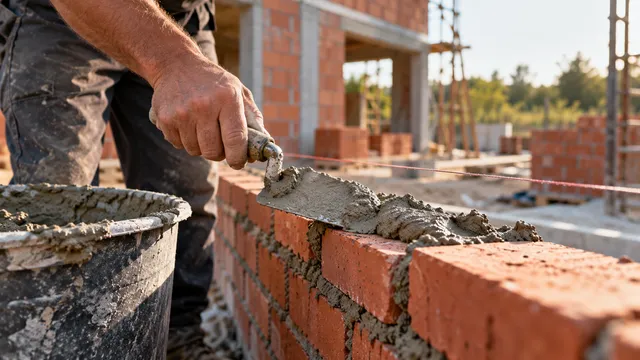 Zidar care pune mortar cu mistria pe un rând de cărămizi, pe un șantier de casă, cu o găleată de mortar alături