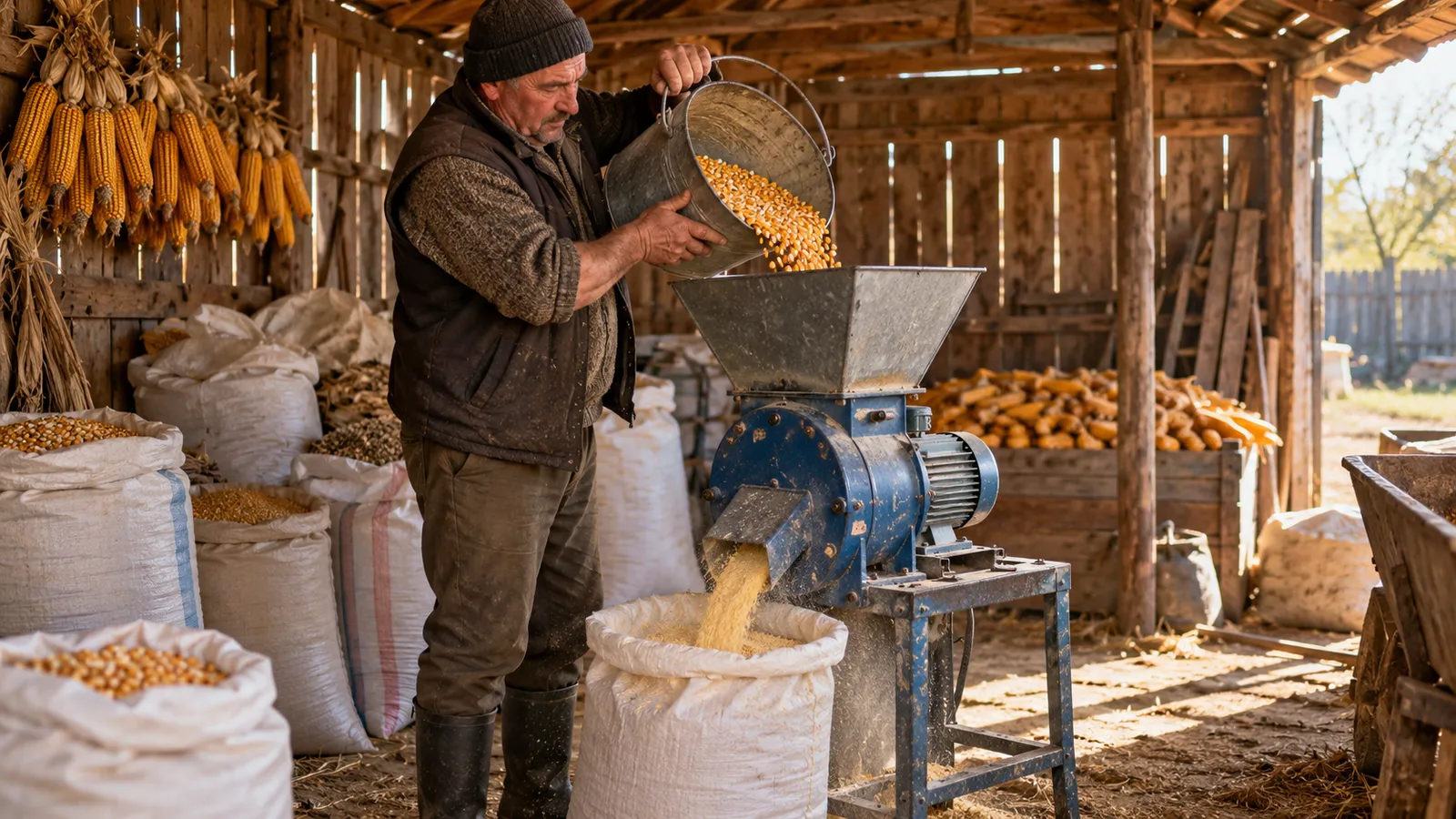 Fermier care toarnă porumb boabe într-o moară electrică cu ciocănele montată pe suport metalic într-o gospodărie