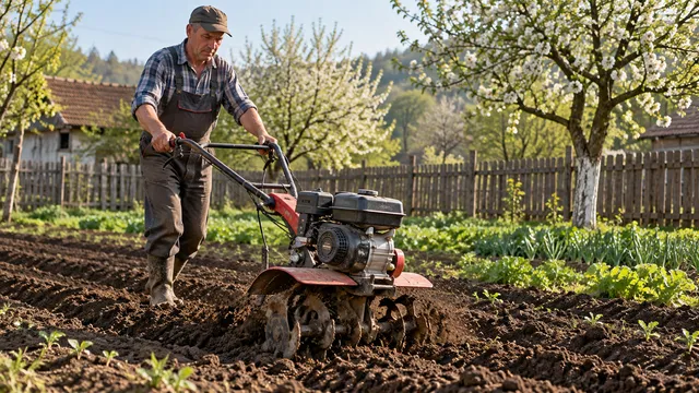 Fermier care afânează pământul cu o motosapă pe benzină într-o grădină de legume, primăvara