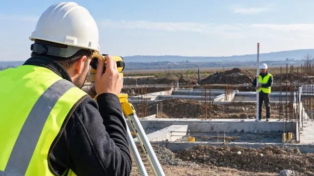 Topograf care privește printr-o nivelă optică galbenă montată pe trepied, spre o riglă de nivelment ținută pe un teren de construcție