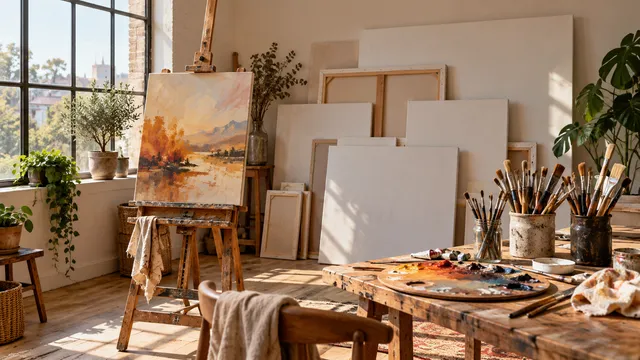 Pânze de pictură pe șasiu de mai multe mărimi sprijinite de perete într-un atelier de pictură