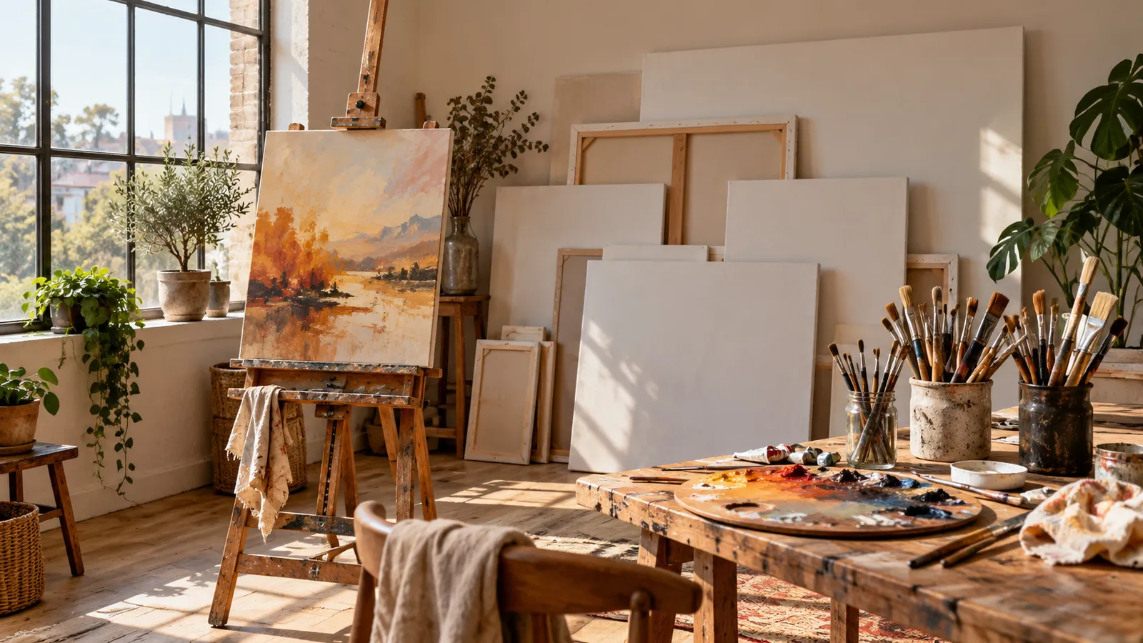 Pânze de pictură pe șasiu de mai multe mărimi sprijinite de perete într-un atelier de pictură