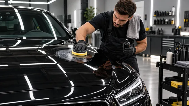 Specialist în detailing auto care lustruiește capota unei mașini negre cu o pastă de polish și un burete