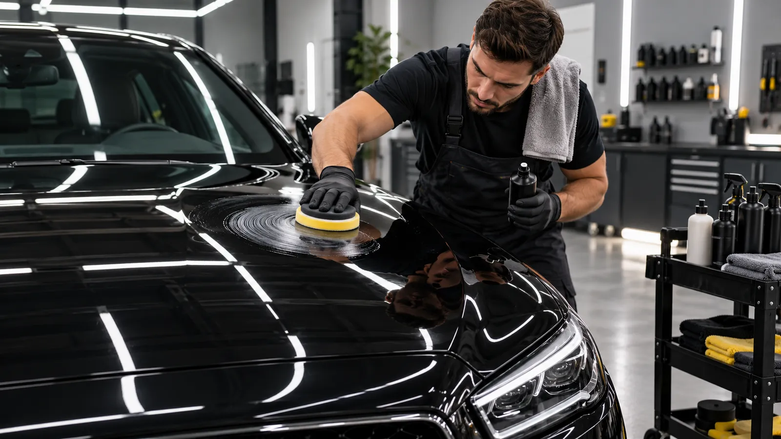 Specialist în detailing auto care lustruiește capota unei mașini negre cu o pastă de polish și un burete