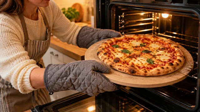 Femeie cu mănuși groase de bucătărie care scoate din cuptor o piatră de pizza ceramică cu o pizza rumenită