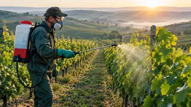 Viticultor care stropește via cu o pompă de stropit purtată ca rucsac, cu o lance din care iese o ceață fină peste frunze