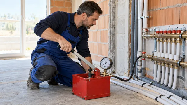 Un instalator acționează pârghia unei pompe manuale de testare a presiunii legată la o instalație de încălzire, urmărind manometrul
