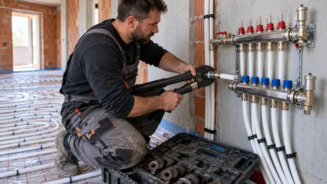 Un instalator presează un fiting metalic pe o țeavă multistrat albă cu un clește de sertizat hidraulic, lângă un distribuitor de încălzire în pardoseală