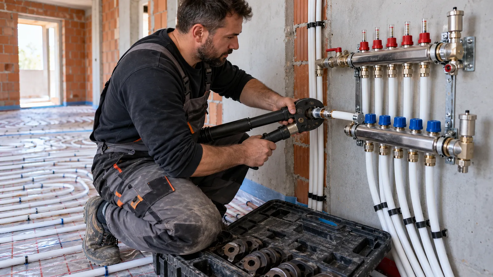 Un instalator presează un fiting metalic pe o țeavă multistrat albă cu un clește de sertizat hidraulic, lângă un distribuitor de încălzire în pardoseală