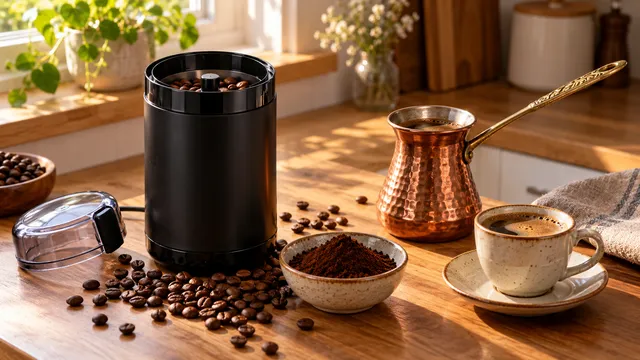 Râșniță de cafea electrică pe blatul unei bucătării, cu boabe de cafea, cafea proaspăt măcinată într-un recipient și un ibric de cupru