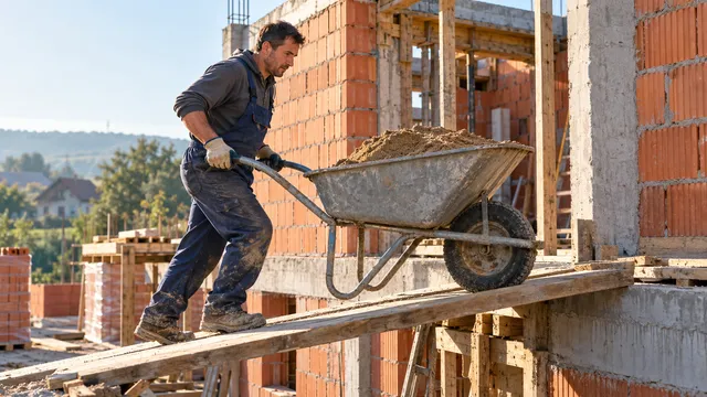 Muncitor care împinge o roabă metalică plină cu nisip pe o scândură, pe șantierul unei case