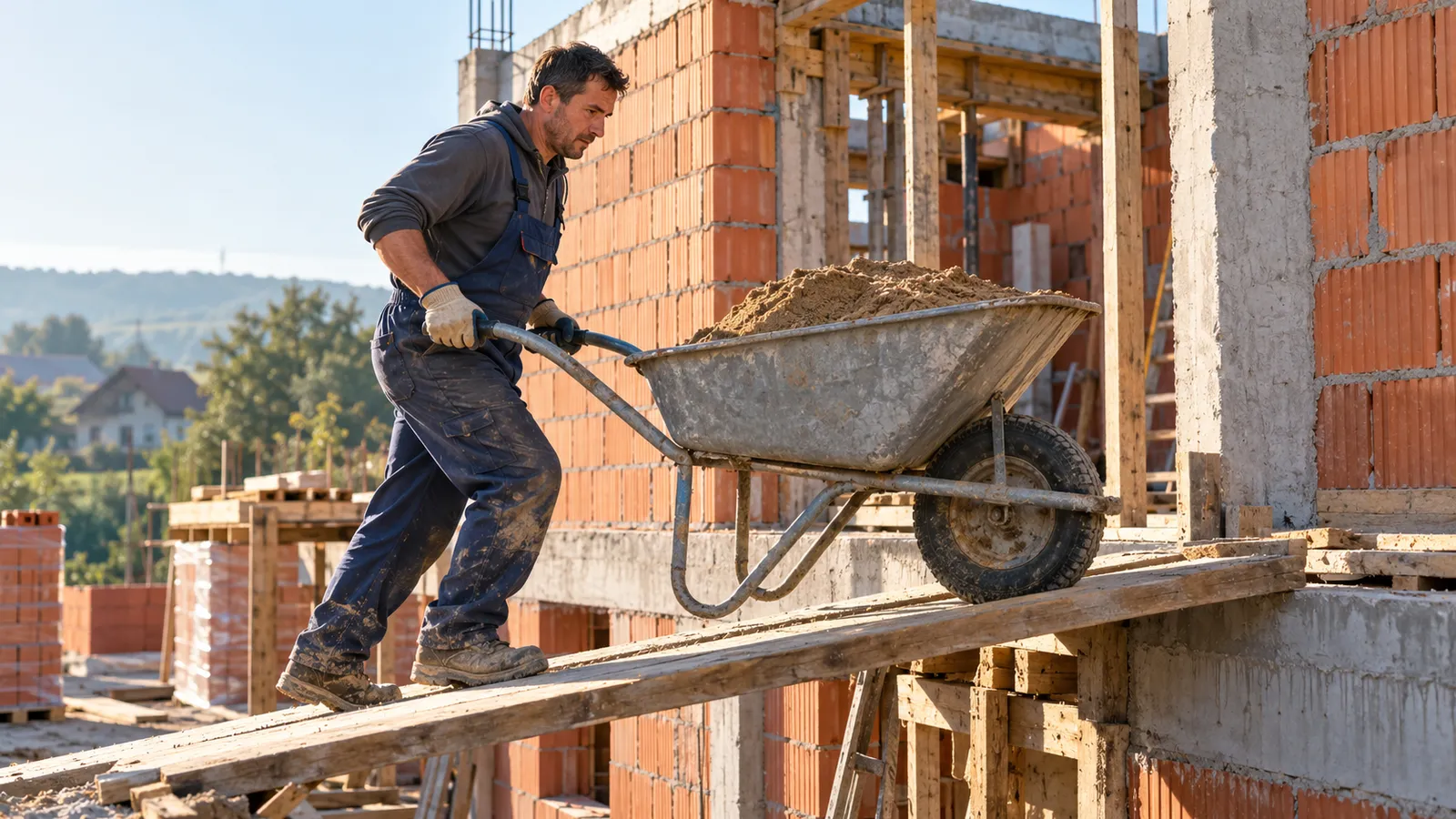 Muncitor care împinge o roabă metalică plină cu nisip pe o scândură, pe șantierul unei case