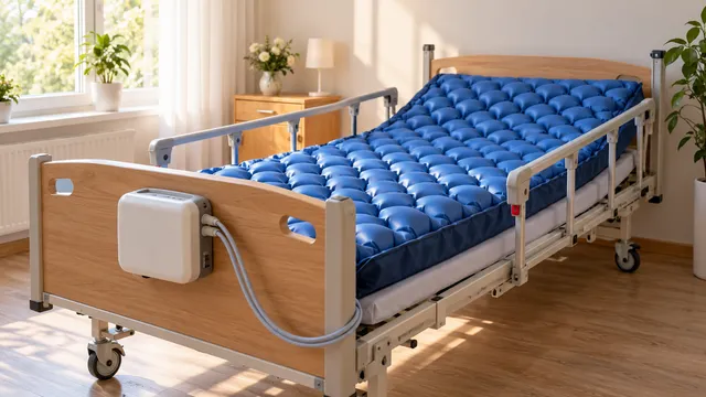 Saltea antiescară albastră cu celule de aer, pusă pe un pat de îngrijire într-o cameră luminoasă, cu compresorul agățat de tăblia patului