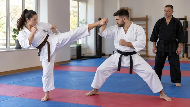 Doi practicanți în kimono alb de karate care se antrenează pe saltele tatami puzzle albastre și roșii, urmăriți de un instructor