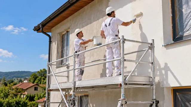 Doi zugravi care vopsesc fațada unei case de pe o schelă mobilă din aluminiu cu roți și balustradă