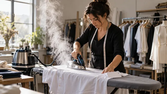 Croitoreasă care calcă o cămașă albă cu un fier legat la o stație de călcat cu boiler din care iese abur dens, într-un atelier cu haine pe umerașe