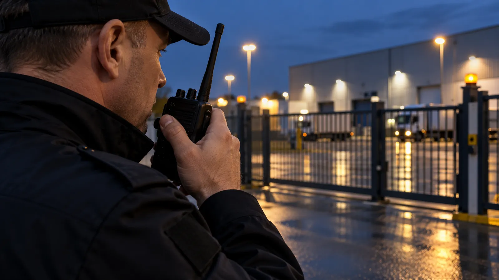 Agent de pază care vorbește într-o stație radio portabilă neagră în fața porții unui depozit industrial, seara, cu felinare aprinse