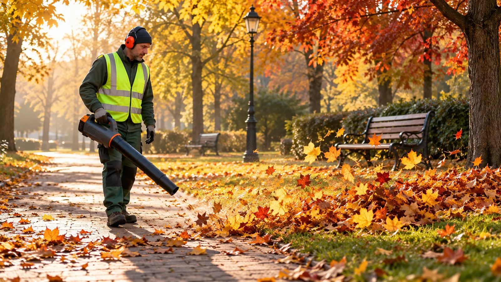 Îngrijitor de spații verzi care adună frunzele de pe o alee de parc toamna, cu o suflantă de frunze electrică