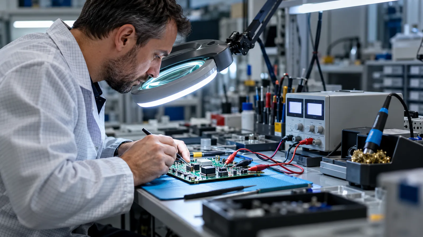 Electronist în halat care lucrează la un banc de electronică, cu o sursă de alimentare de laborator legată la o placă de circuit și o lupă cu lumină