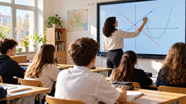 Profesoară care scrie cu un stilou pe un display interactiv mare montat pe peretele unei săli de clasă