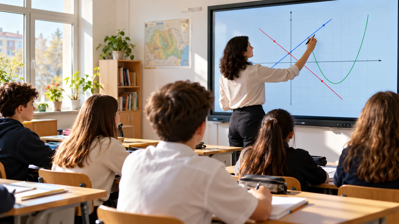 Profesoară care scrie cu un stilou pe un display interactiv mare montat pe peretele unei săli de clasă