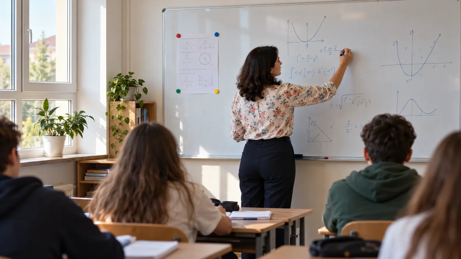 Profesoară care scrie cu markerul pe o tablă albă magnetică cu ramă de aluminiu, într-o sală de clasă cu elevi în bănci